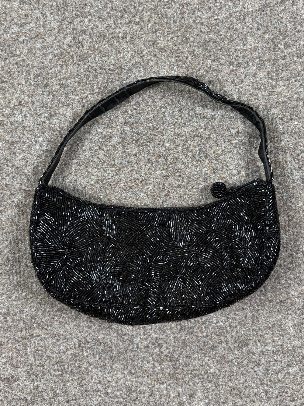 Vintage Carlo Fellini Black Small Beaded Crescent Evening Bag Zip Closure 90s
